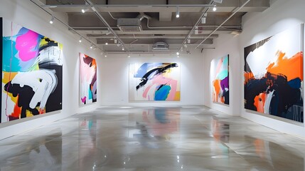 A series of abstract brushstroke paintings arranged in a modern art gallery, each canvas telling...