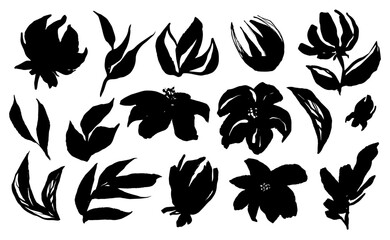 Hand drawn floral elements, abstract botanical decor in black color, quirky vector flowers simple set - 779962983