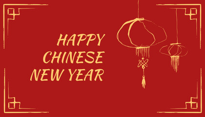 Happy Chinese New Year, simple holiday banner with red background and yellow text and lanterns, card design - 779962984