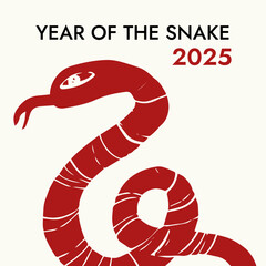 Year of the snake 2025, Chinese lunar new year banner in red and black colors on soft yellow background, doodle naive drawing, square card, background design - 779962994