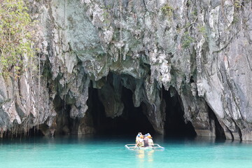 Tourists entering underground cave at Puerto Princesca, Philippines on April 4, 2024