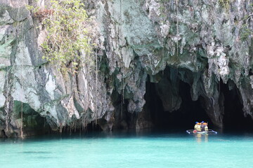 Tourists entering underground cave at Puerto Princesca, Philippines on April 4, 2024