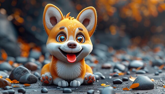 Cute funny kawaii fluffy cartoon orange corgi puppy with dot eyes, smiling face and red tongue sticking out of mouth in sitting playful pose