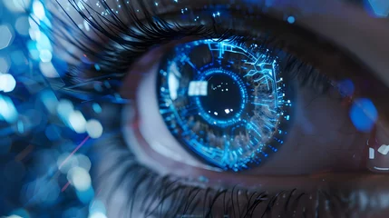 Türaufkleber Female android robot eye close up. Digital iris of cyber woman. Bionic technology concept. Generative AI © dani