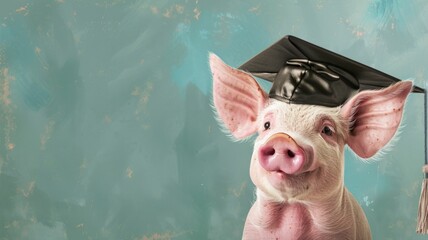 Pig in graduation hat with blue textured backdrop - A whimsical piglet adorned with a graduation hat on a textured blue background signifying education and progress
