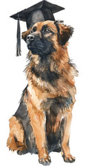 Graduate dog in cap watercolor painting - A beautiful watercolor painting of a graduate dog, proudly donning a graduation cap, showcasing joy and success