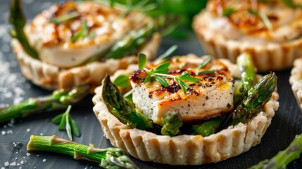 Danish dishes: Tartlets with chicken fillet and asparagus. 