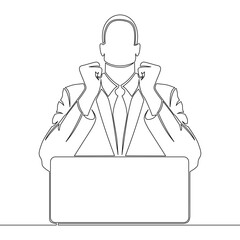 Continuous one single line drawing Happy businessman at laptop online business icon vector illustration concept