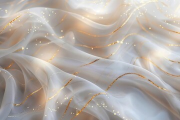 Luxury white silk fabric with golden lights. Abstract white background with golden shiny bokeh. 3d rendering