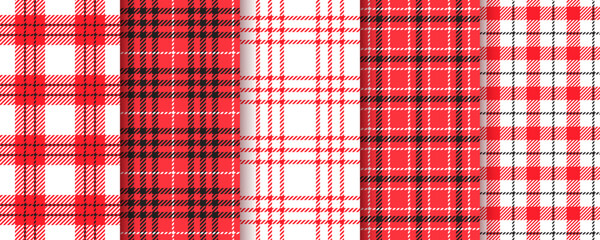 Flannel seamless pattern. Gingham red black background. Set checkered buffalo prints. Plaid table cloth texture. Tartan tablecloth. Kitchen napkin textile. Picnic geometric cloth. Vector illustration 