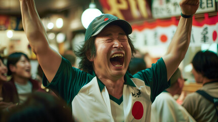 Japanese soccer fan celebrating raising his arms and cheering  in a typical Japanese cafe .Japanese...