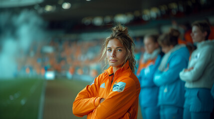 Fototapeta premium Confident Female assistant soccer coach looking at camera in the soccer stadium.