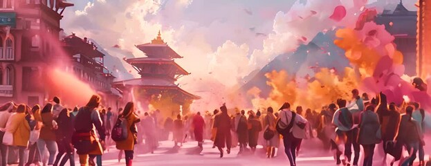 people celebrating for holi festival of colour in nepal , india .art illustration 4K Video - Powered by Adobe