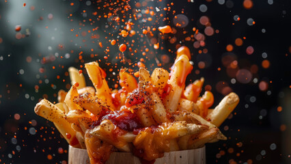 Fries with Melting Cheese and Spicy Chili Splatter