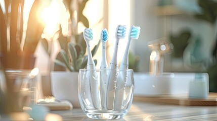 Modern dental care: Closeup of electric toothbrushes in glass holder indoors, combining functionality and style for optimal oral hygiene. Space for text - 779964355