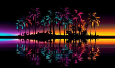Sea coast with neon palm trees and sunset background. Night 80s purple island with ocean waves and reflection of trees and pink sunrise path