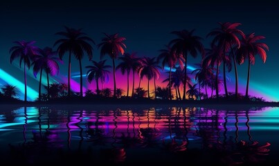 Coast with palm and night sky with neon glow background. Dark 80s island with ocean waves and reflection of trees and purple sunrise path
