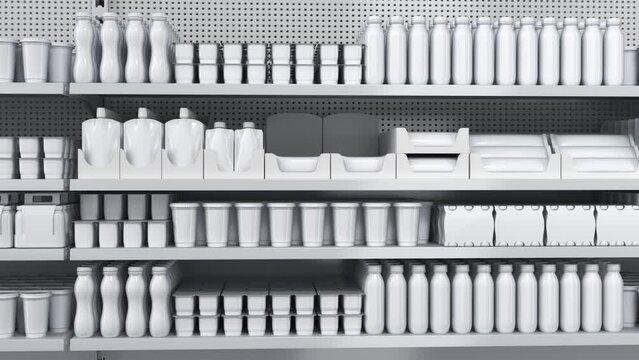 Movement around the mockup retail shelves with blank products in plastic packaging bottles, pouches, boxes. 3d animation