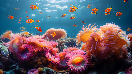 Fototapeta na wymiar Oceanic Wonderland: Clownfish Amongst Sea Anemones