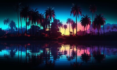 Tropical night coast with palm trees and neon sky background. Evening purple island with ocean waves and reflection of trees and pink sunrise path
