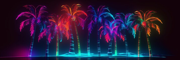 Neon thickets of glowing palm trees. Night tropical silhouettes of purple trees in retro synthwave style digital synthpop party