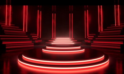 Empty hall with glowing round stage and steps. Platform ring with red glow for fashion shows and presentations in formal dark atmosphere
