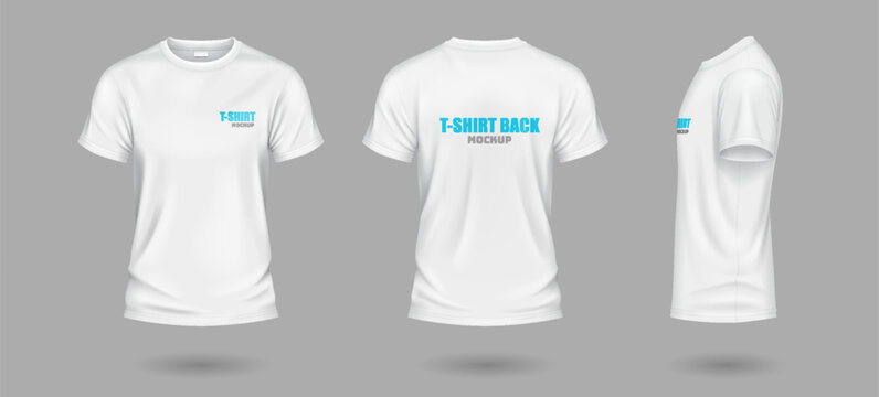 White t-shirts with copy space realistic vector illustration set. Casual apparel with print mockup template 3d objects on grey background