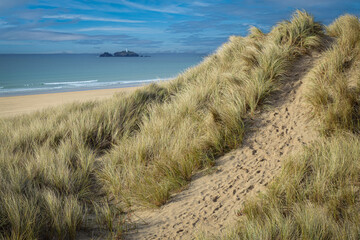 Fototapeta na wymiar Cornish Beach - Scenic Sandy Shoreline and Sand Dunes in Cornwall, UK