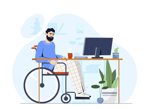 Person in wheelchair at workplace. Man sitting near computer. Guy with disability with earnings on internet. Freelancer and remote worker. Cartoon flat vector illustration isolated on white background