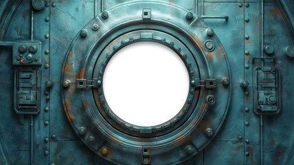 Vintage Aged Brass Ship Porthole Mounted on a Rusty Iron Hull with a Transparent Background. Transparent PNG. Generative AI. - 779965158