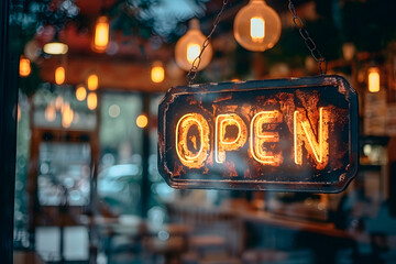 Open sign in a shop window. Image with copy-space. Generative Ai.
