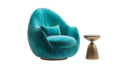  A unique, egg-shaped armchair upholstered in vibrant turquoise velvet, paired with a minimalist, round side table, set on a pure white background. 
 - obrazy, fototapety, plakaty