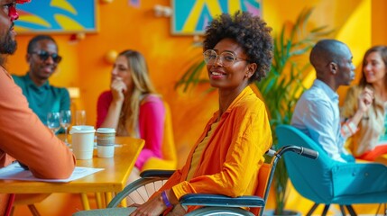 Diverse Young Adults Enjoying Coffee Shop Gathering in a Vibrant Setting