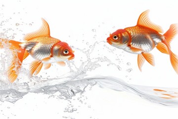 Goldfish jumping, water arc trail, crisp focus, isolated on white, soft glow , Hyper realistic - obrazy, fototapety, plakaty