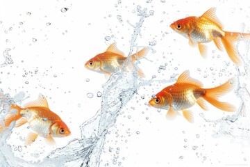 Goldfish jumping, water arc trail, crisp focus, isolated on white, soft glow , Hyper realistic