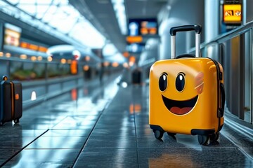Smiling anthropomorphic suitcase wandering through an airport, carry-on design adorned with whimsical travel stickers, exuding joy with human-like eyes and a wide grin, travelers passing by