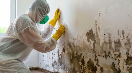 Man assesses mold-affected wall, contacting cleanup service to ensure safe, healthy living environments. - 779965754