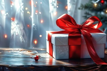 Gift box accented with shiny red bow centered on glossy white wrapping paper, large flat ribbon gracefully looped around the top