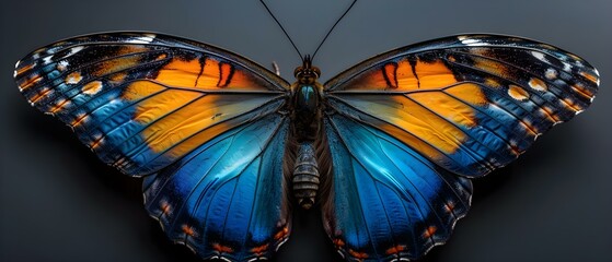 Highly detailed isolated graphic resource of a turquoise blue orange and black butterfly. Concept...