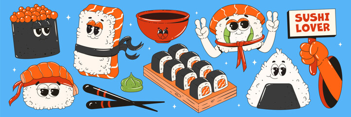 A set of sushi characters in trendy retro groovy style. Funny mascots for restaurants, bars, Japanese food. - obrazy, fototapety, plakaty