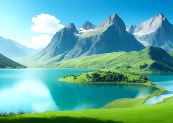 A view of a beautiful small lake surrounded by big mountains