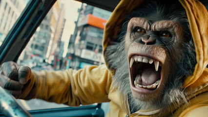A crazy monkey driving a car in the city.