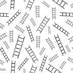 Hand drawn ladders floating and rotating at different angles against white backdrop. Elegant monochrome minimal surface art arranged in vector seamless pattern.