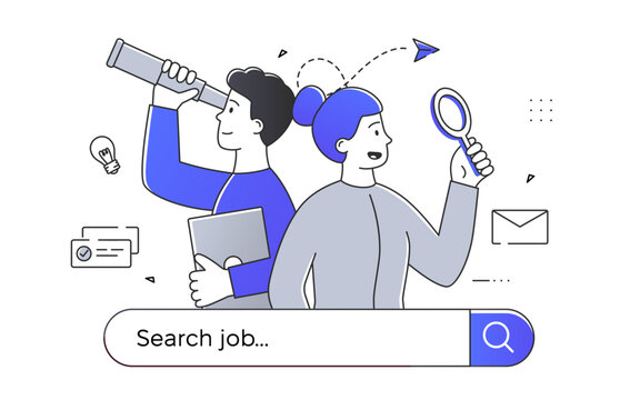 People search job linear. Man and woman with magnifying glass. Headhunting and recruiting. Jobless guy and girl, candidates at vacancy. Doodle flat vector illustration isolated on white background