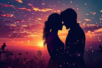 A couple kissing under the ethereal glow of a golden sunset