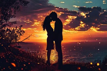 A couple kissing under the ethereal glow of a golden sunset