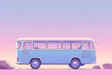 Retro blue bus under pastel sky, evoking nostalgic travel vibes.