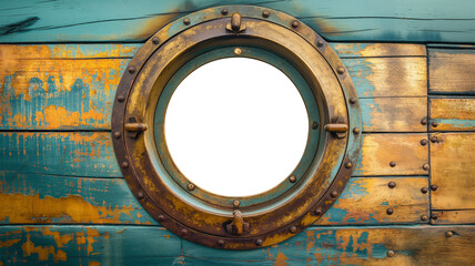 Vintage Aged Brass Ship Porthole Mounted on a Wooden Hull with a Transparent Background. Transparent PNG. Generative AI. - 779967308