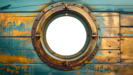 Vintage Aged Brass Ship Porthole Mounted on a Wooden Hull with a Transparent Background. Transparent PNG. Generative AI.