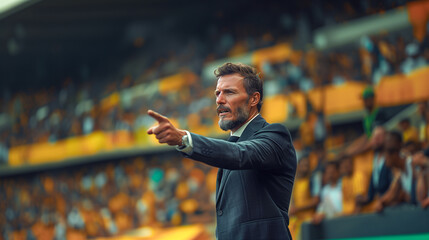 soccer male coach standing pointing and shouting his players on the side of the field in stadium.